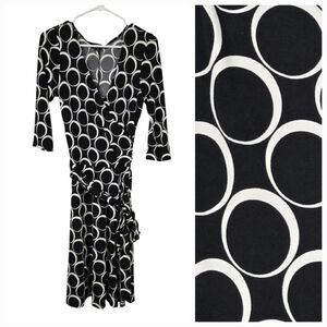 AB Studio Faux-Wrap Dress Women's Black White Circle Jersey Knit Knee Length M